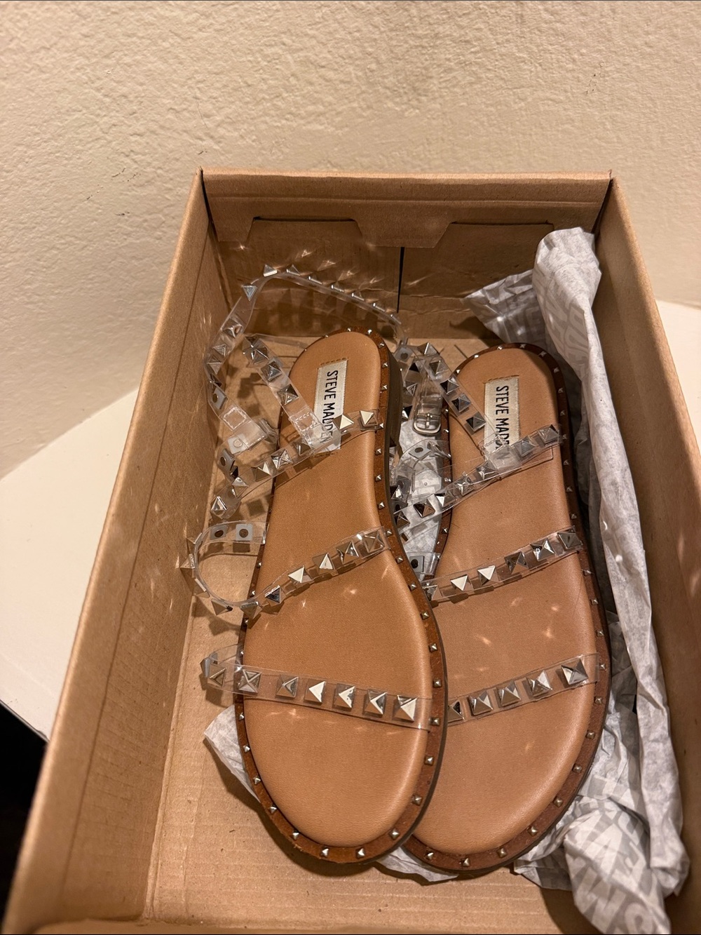 Steve Madden Clear-Strap Tan Studded Flat Sandals